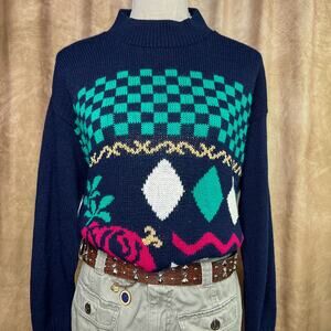 Vintage 80s Floral Geometric Knit Sweater Multicolor Mock Neck Retro Maximalist